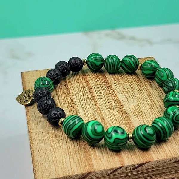 Green Malachite & Lava Stone Bracelet | Harmony and Balance | Handmade Intentional Jewelry | Unique Gift | Chakra Alignment and Balancing