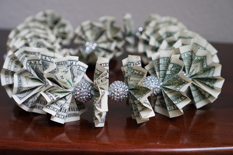 Money Lei Rhinestone Bead Necklace Dollar Origami Cash