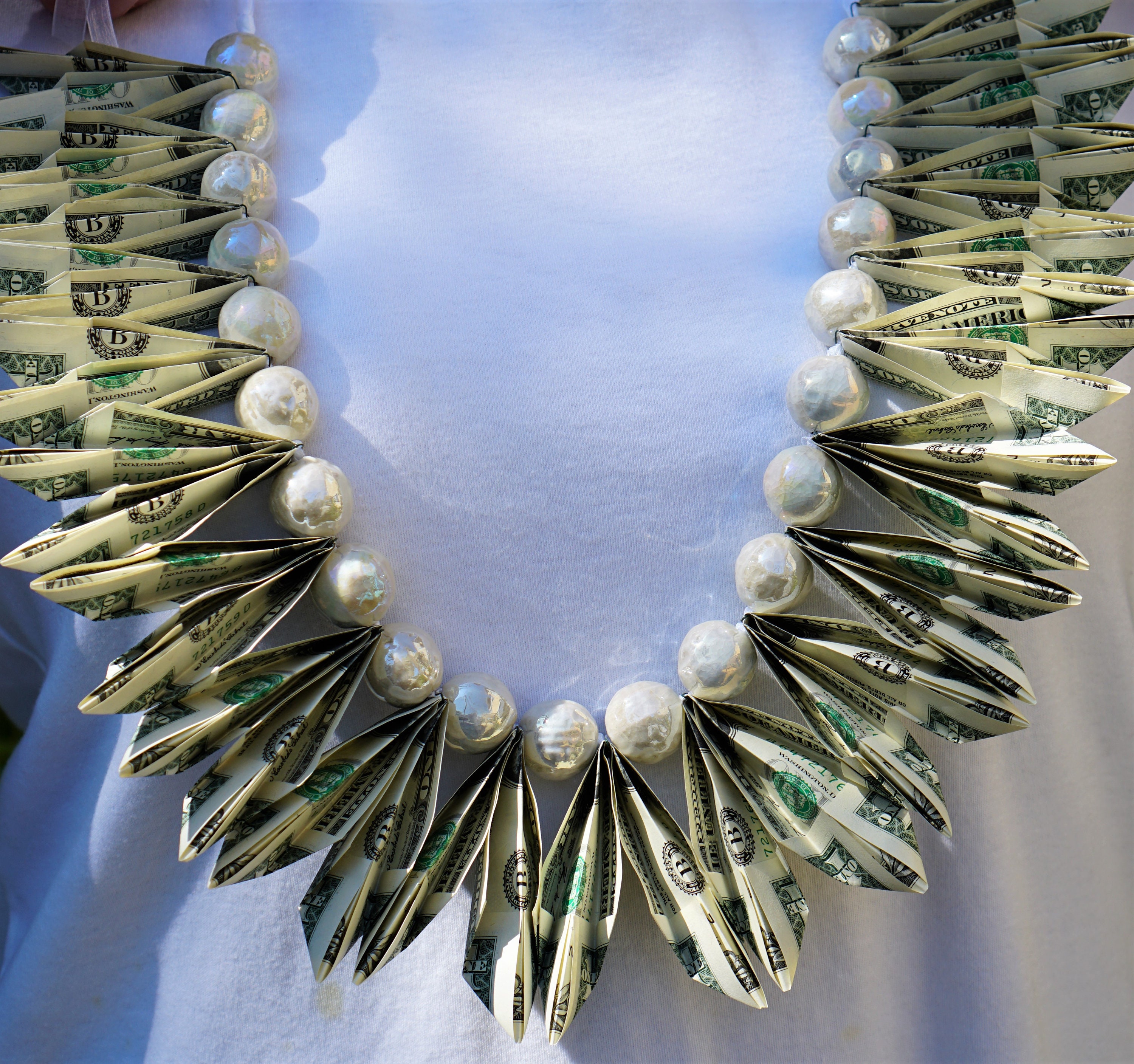 Money Origami Lei / White Bead Necklace Lei / Birthday Lei / Etsy