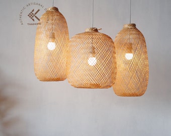Bamboo pendant light, Wooden Pendant Light shade, Wicker Lampshade, Flexible pendant light, Light Fixture, Light THAIHOME