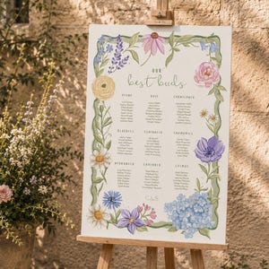 May include: A white rectangular wedding seating chart on a wooden easel featuring a hand-painted floral border with peonies, roses, and hydrangeas. The text reads Our best buds with guest names organized under flower headings like Peony and Rose.
