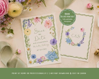 Plantilla de invitación de boda con ilustración a mano de flores silvestres, color verde salvia (descarga digital)