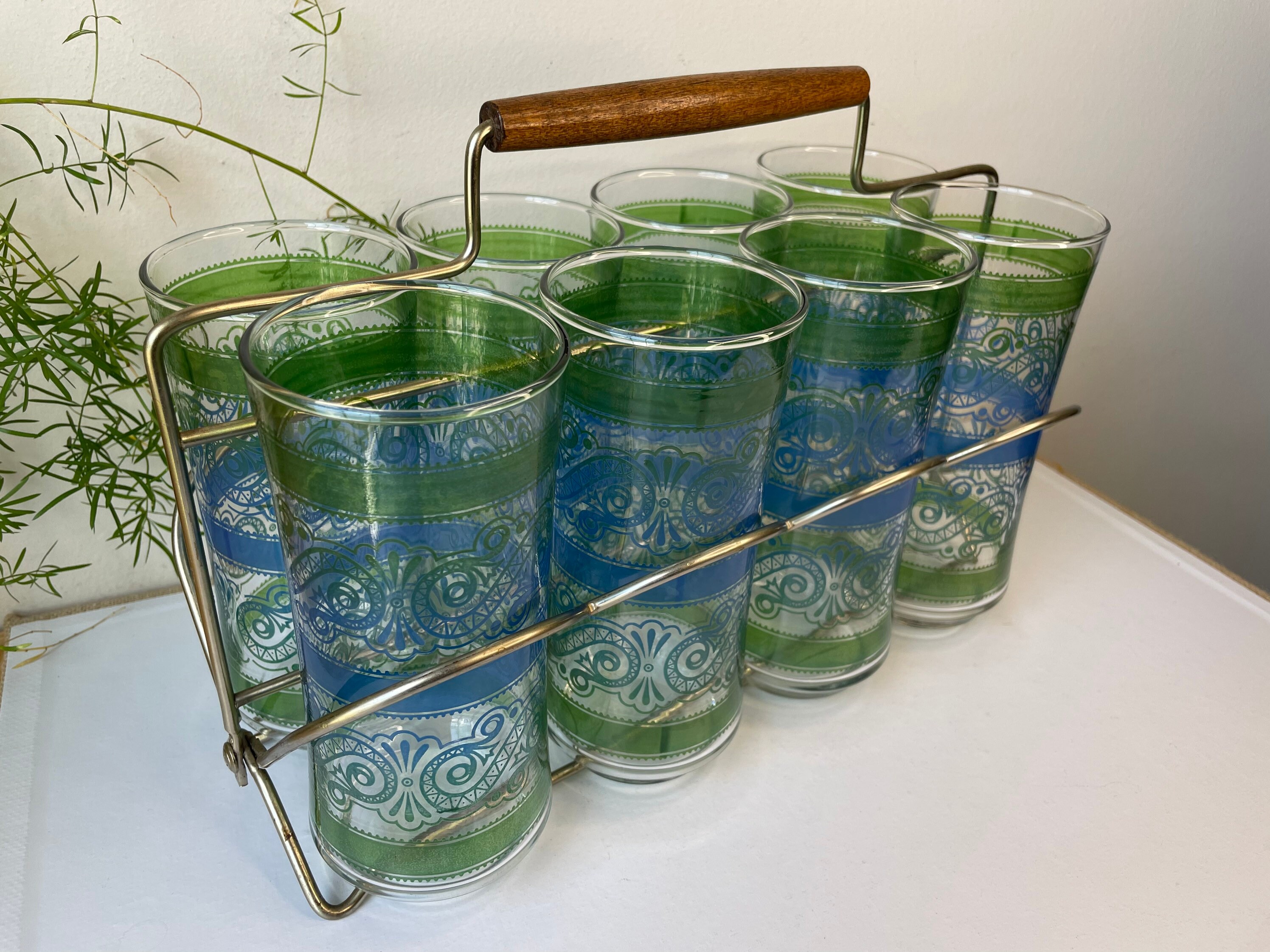 8 Vintage Libbey Glass Tumblers Faux Leather Gold Coins Black Gold