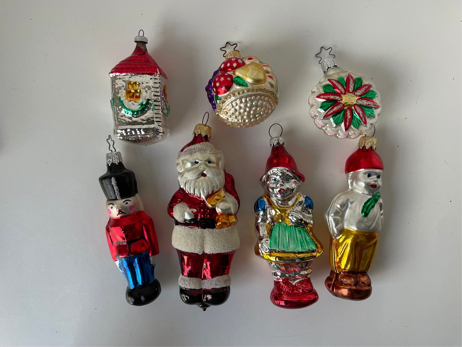 Set of 7 Vintage West German Glass Christmas Ornaments, Vintage German Santa Ornament, Vintage German Angel Ornaments, Made in West Germany