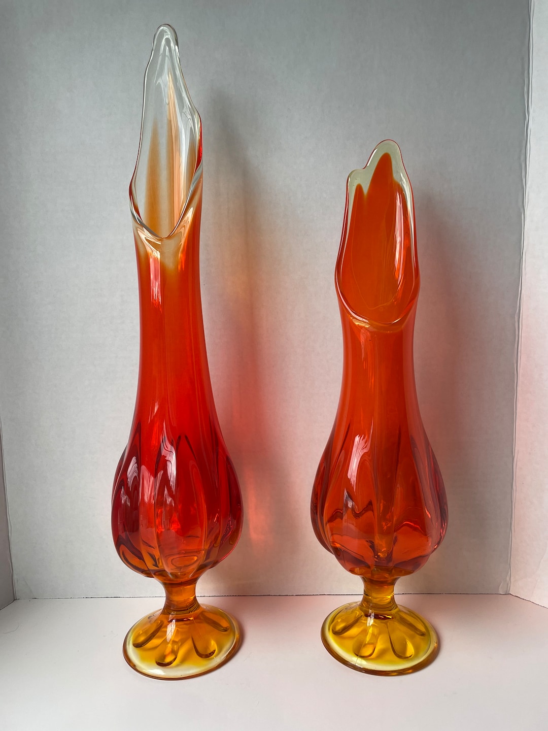 Vintage Viking Glass Six Petal Persimmon Swung Vase, 20 Tall Viking