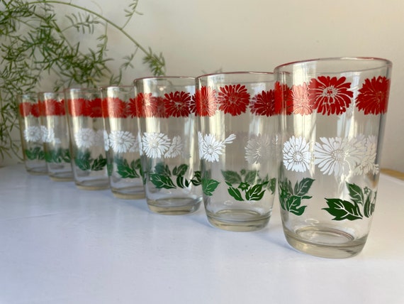 Vintage Glassware 1960s Tall Tumbler Glasses. White Red and Green Flor