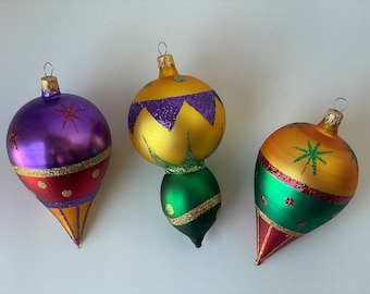 Set of 3 Vintage Glass Colombian Ornaments, Made in Colombia Ornament, Vintage Colorful Glass Ornament
