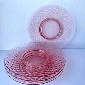 Set of 4 Vintage Imperial Depression Glass Diamond Quilted Plates, 8.25” diameter, 1930s Imperial Glass Pink Glass Plates