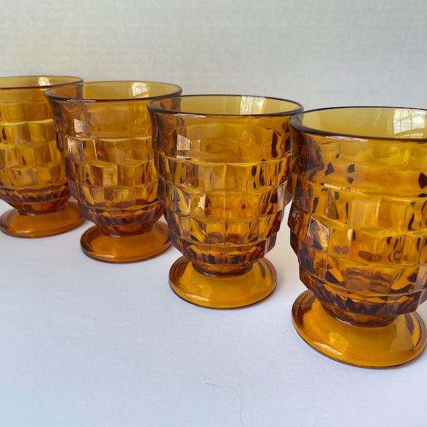 Set of 4 Vintage Indiana Whitehall Amber Glasses, Vintage Amber Glassware Set, Vintage Cubist Glasses, Retro Boho Amber Glasses