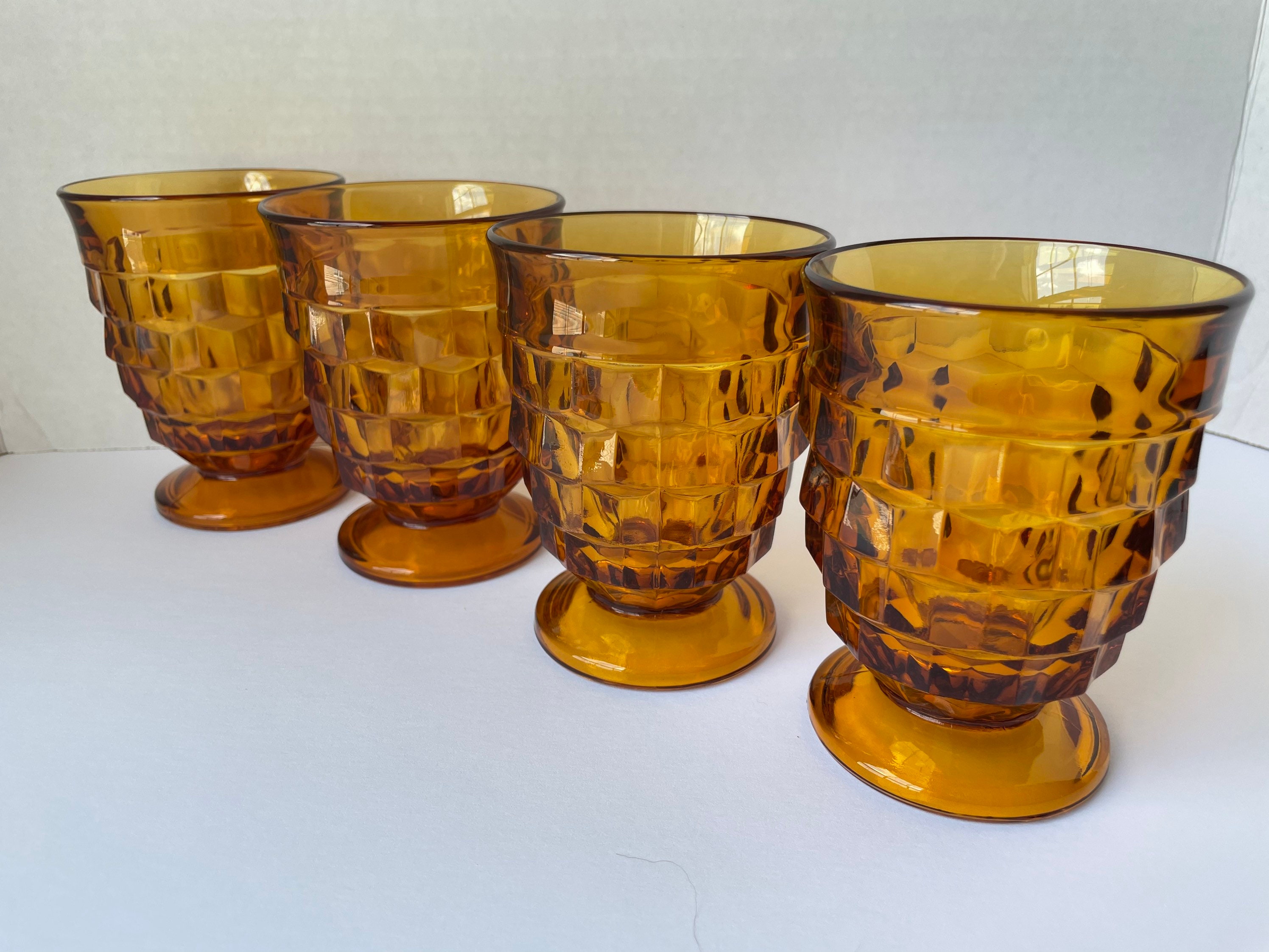 Set of Seven Yellow Glass Bubble Thumbprint Tumblers Vintage Boho Bohemian  Eclectic Retro Glassware 