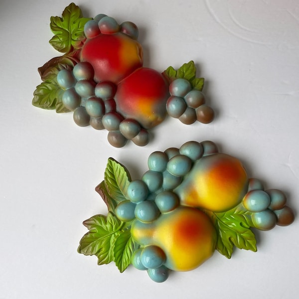 Set of 2 Vintage 1979 Miller Studios Chalkware Fruit Wall Hangings, Mid Century Chalk Art, Kitschy Chalkware