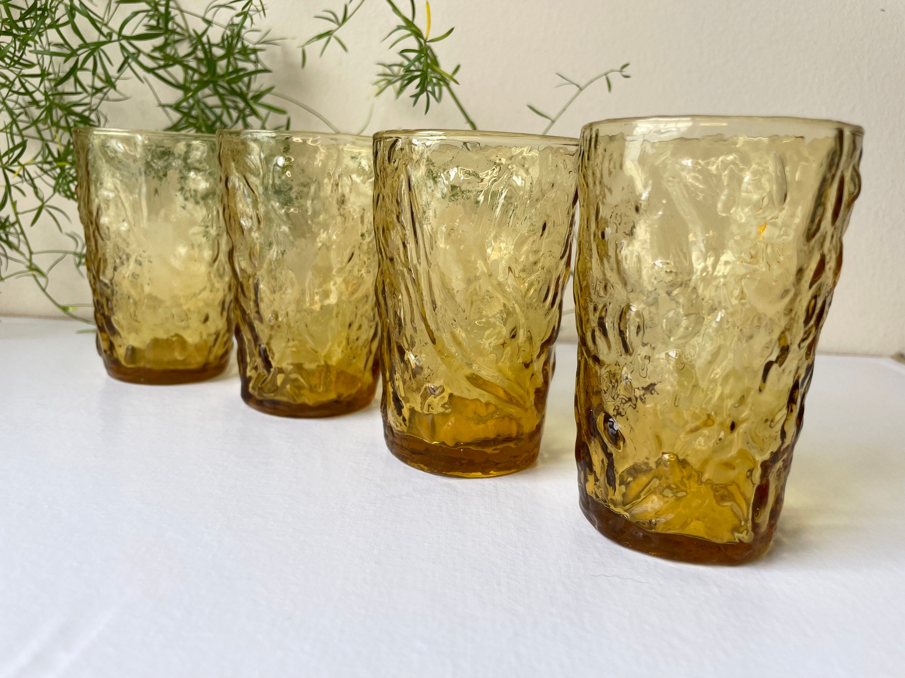 vintage Seneca driftwood crinkle textured yellow glass tumblers, drinking  glasses set