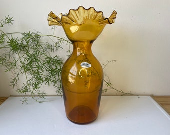 Vintage Blenko Handcraft Amber Glass Vase, Mid Century Blenko Glass Vase, Vintage Blenko, Boho Glass Decor