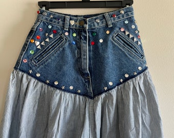 80s denim skirt outfit