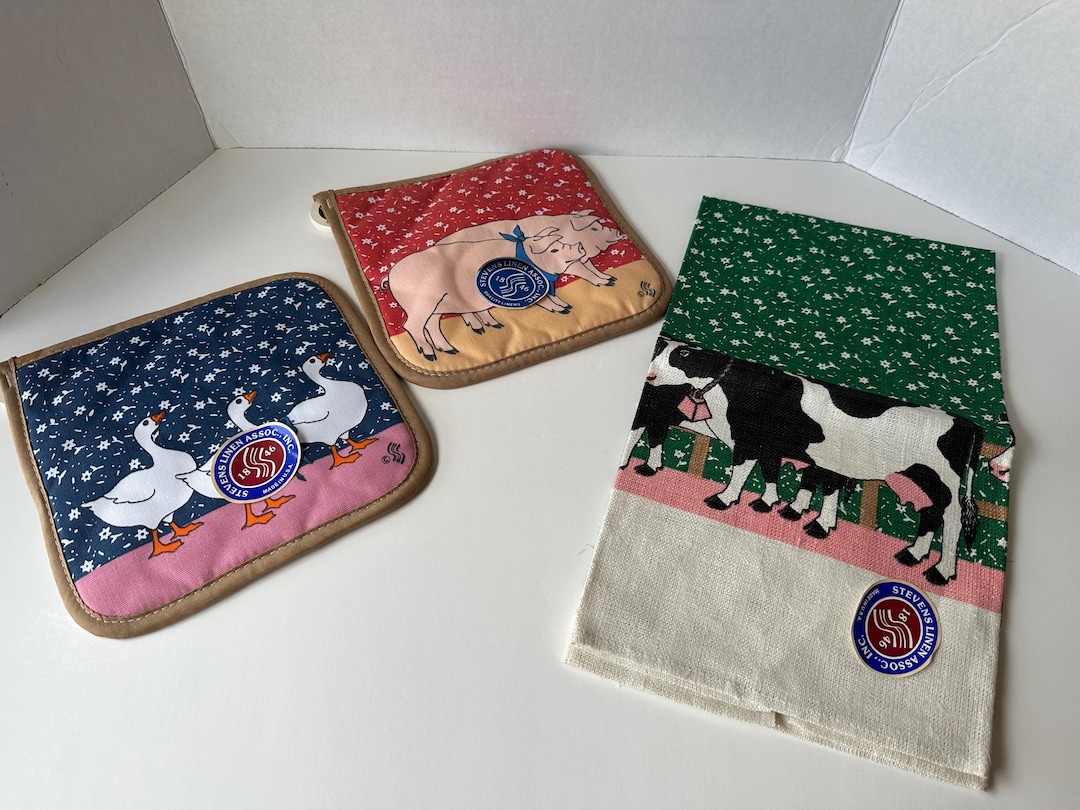 Steven Linens Vintage Stevens Linen Tea Towel & Hot Pads, Farmhouse Kitchen Decor - Etsy