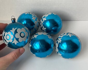 Set of 5 Vintage Italian Ornaments, Vintage Blue Floral “Unbreakable” Christmas Ornaments, Mid Century Italy Ornaments