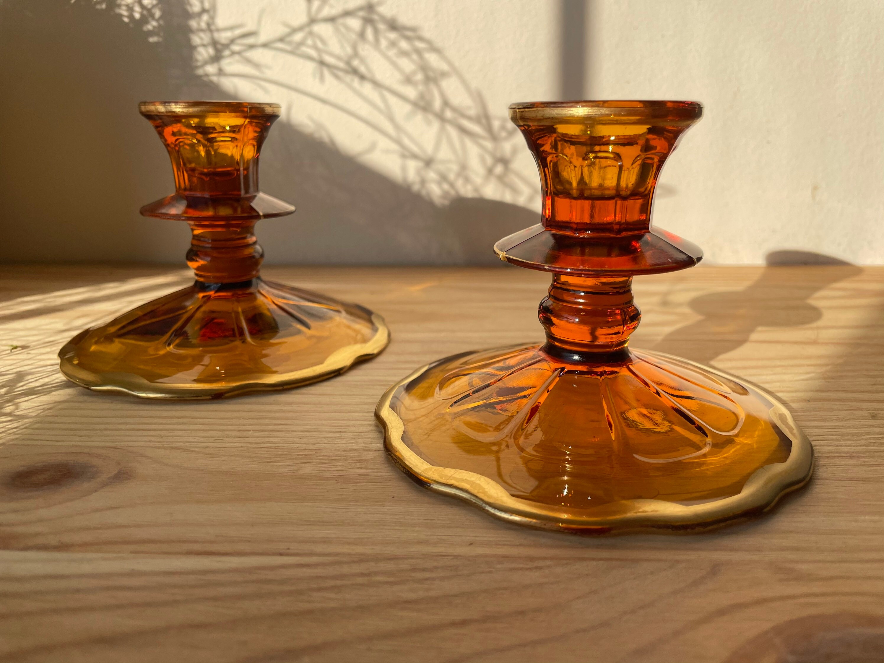 2 Vintage Amber Glass Candlestick Holders Mid Century Modern Etsy