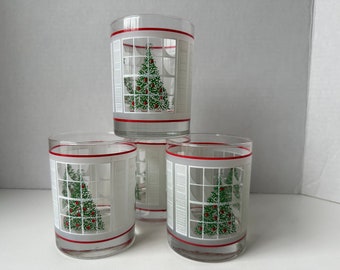 Set of 4 Vintage Christmas Window Lowball Tumblers, Vintage Christmas Barware, Christmas Gift, Contemporary Holiday Glasses, Fun Barware