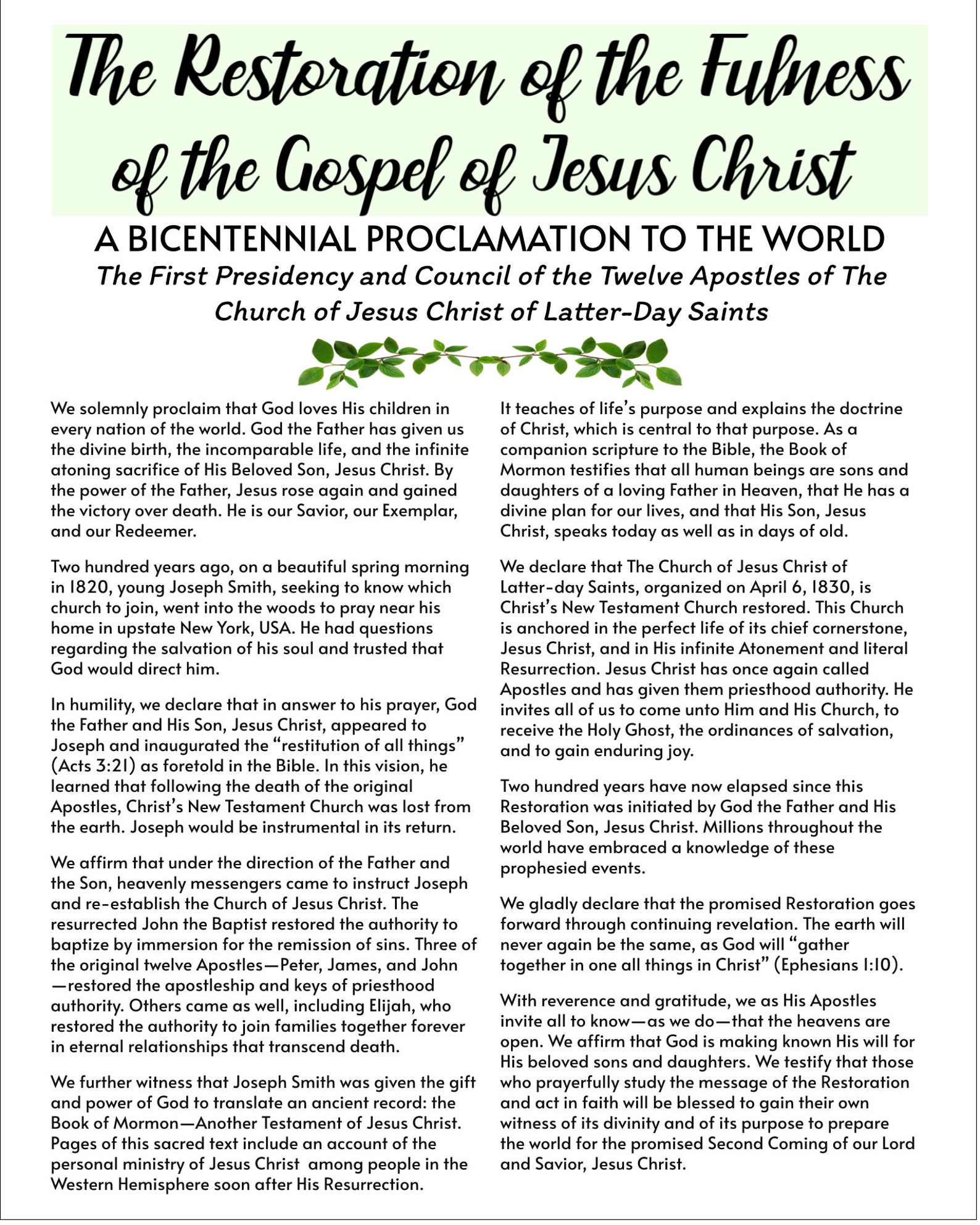 The Restoration of the Fulness of the Gospel of Jesus Christ, LDS April 2020 Includes 8x10 ...