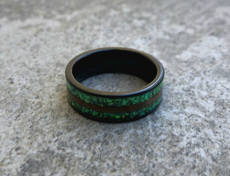 Black walnut and Radioactive Green opal double inlay Black Ceramic ring Made To Order