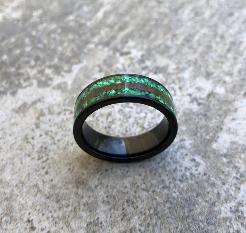 Black walnut and Radioactive Green opal double inlay Black Ceramic ring Made To Order