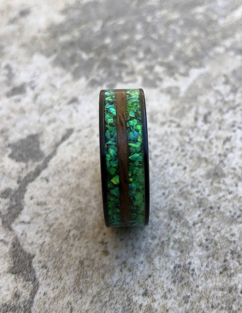 Black walnut and Radioactive Green opal double inlay Black Ceramic ring Made To Order