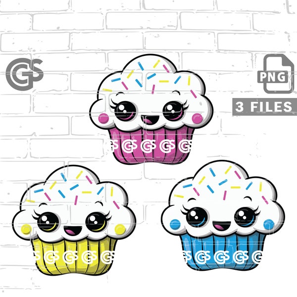 Cute Kawaii Cupcakes - PNG, Graphic T-Shirt digital design, Cartoon Dessert Cup Cakes, Vector, Sublimation png Design, DTG Clip Art