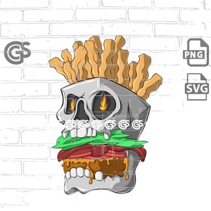 Fast Food Skull SVG PNG Graphic T-Shirt digital design, Sublimation, dtg, Urban, Graffiti, Skull, Burger Fries, Cricut Silhouette Vector image 1