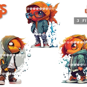 Cool Streetwear Goldfish Bundle (3) PNG | Koi Graphic T-Shirt Digital File, Fish Lover, Urban Sublimation, Pet Animal