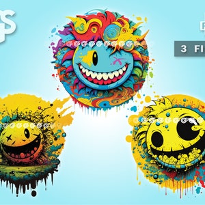 Psychedelic Smiley Face Emoji Bundle (3) PNG - Twitch Emote T-Shirt Digital File, Trippy Sticker Art, Sublimation