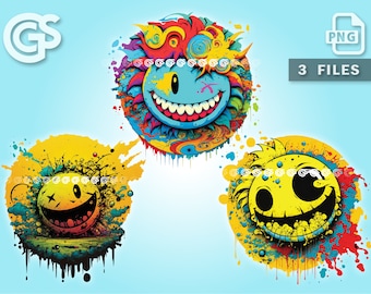 Psychedelic Smiley Face Emoji Bundle (3) PNG - Twitch Emote T-Shirt Digital File, Trippy Sticker Art, Sublimation Vector, DTG Clipart