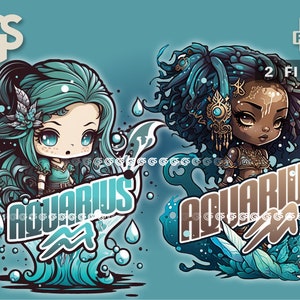 Aquarius Zodiac Girl Bundle (2) PNG Files, Horoscope T-Shirt Digital Design, Astrology Sublimation, Instant Download