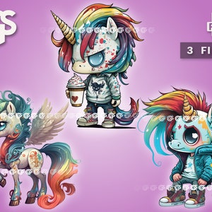 Cooles Einhorn-Bundle (3) PNG | T-Shirt Aufkleber, digitale Datei, Fabelwesen, Urban Streetwear Sublimation, kleines Pony