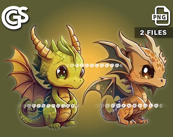 Adorable Chibi Dragon Bundle (2) PNG - Twitch Emote T-Shirt Digital File, Kawaii Dragons, Cute Sublimation Vector, DTG Clipart