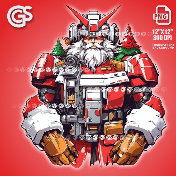 Anime Mech Santa Claus PNG | Christmas Robot Digital T-Shirt, Santa's Sublimation Vector Logo, DTG, Holiday Clip Art