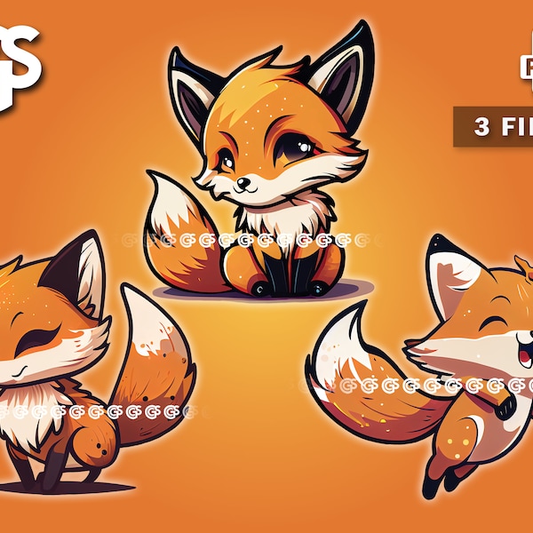 Adorable Chibi Fox Bundle (3) PNG - Twitch Emote T-Shirt Digital File, Kawaii Foxes, Cute Sublimation Vector, DTG Clipart