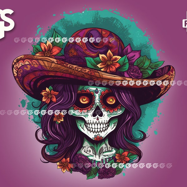 Lady Sugar Skull PNG V2 | Latina Cinco de Mayo Gift, TShirt Digital Download, Sublimation, DTG ClipArt, SugarSkull Design