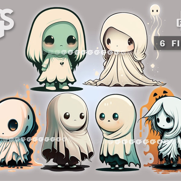 Cute Chibi Ghosts Bundle (6) PNG, Twitch Emotes, Graphic T-Shirt Digital File, Undead Ghoul, Sticker Art, Sublimation Vector, DTG Clipart