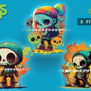 Graffiti Style Skull Characters Bundle (3) PNG File- T-Shirt Digital Art, Chibi Skulls, Cute Sublimation Kawaii, Urban