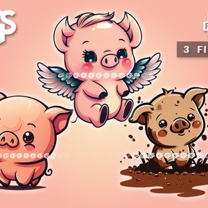 Paquete de adorables cerditos chibi (3) PNG - Archivo digital de camiseta con emoticón de Twitch, cerditos kawaii, lindo cerdito en sublimación vectorial