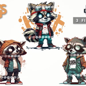 Cool Streetwear Raccoon Bundle (3) PNG | Graphic T-Shirt Digital File, Coon Lover, Urban Sublimation, Animal, pngs designs