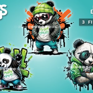 Cool Graffiti Pandas Bundle (3) PNG - Bear T-Shirt Sticker Digital File, Panda Lover, Urban Streetwear Sublimation
