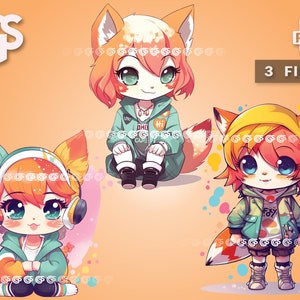 Anime Fuchs Mädchen Bündel (3) PNG | Grafik-T-Shirt Digitale Datei, Füchse Liebhaber, Urban Sublimation, Pelztier, Pngs Designs
