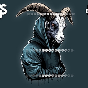 Hooded Goat PNG | T-Shirt Sticker Digital File, Goat Head, Music Streetwear Sublimation, Animal, pngs designs