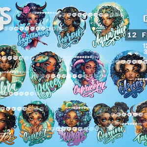 Black Girl Zodiac Bundle (12) PNG Files | Horoscope T-Shirt Digital Design, Astrology Sublimation, Instant Download
