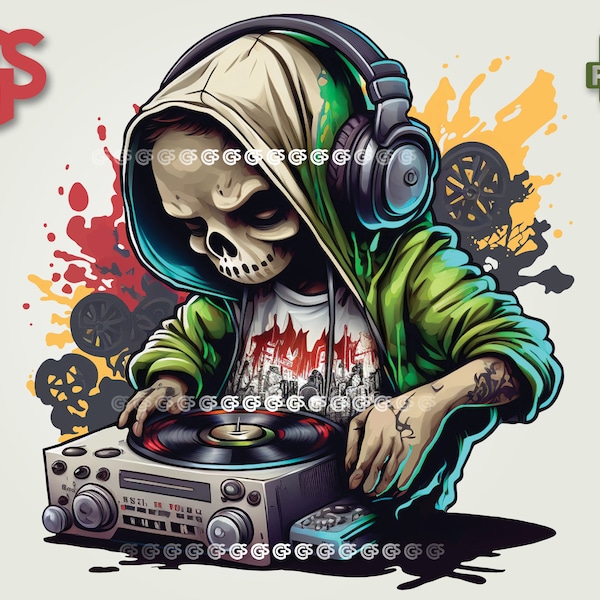 DJ SkullBoy PNG - Graffiti T-Shirt, Sticker Digital File, Skulls Turntable, Urban Streetwear Sublimation, DTG Clipart