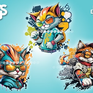 Cool Graffiti Cats Bundle (3) PNG - Kitten T-Shirt Sticker Digital File, Cat Mom Dad Lover, Urban Streetwear Sublimation