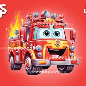 Camión de bomberos de dibujos animados PNG / Gráfico de bombero, archivo digital de camiseta, grafiti, sublimación urbana, personal de primeros auxilios