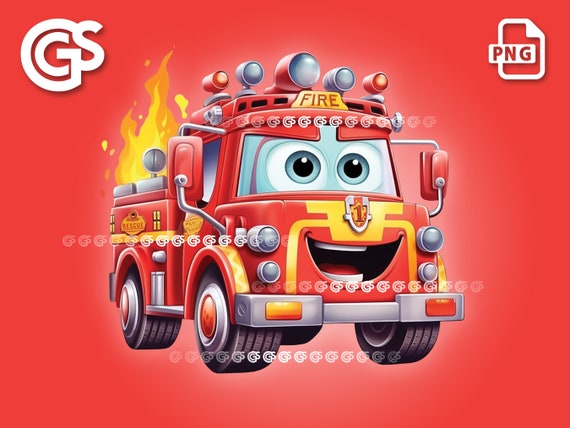 Cartoon Fire Engine Truck PNG Fire Fighter Graphic, Tshirt Digital