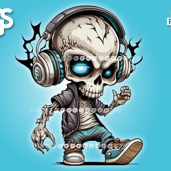 Chibi Skull with Headphones PNG - Graffiti T-Shirt, Sticker Digital File, Skulls DJ, Urban Streetwear Sublimation, DTG Clipart